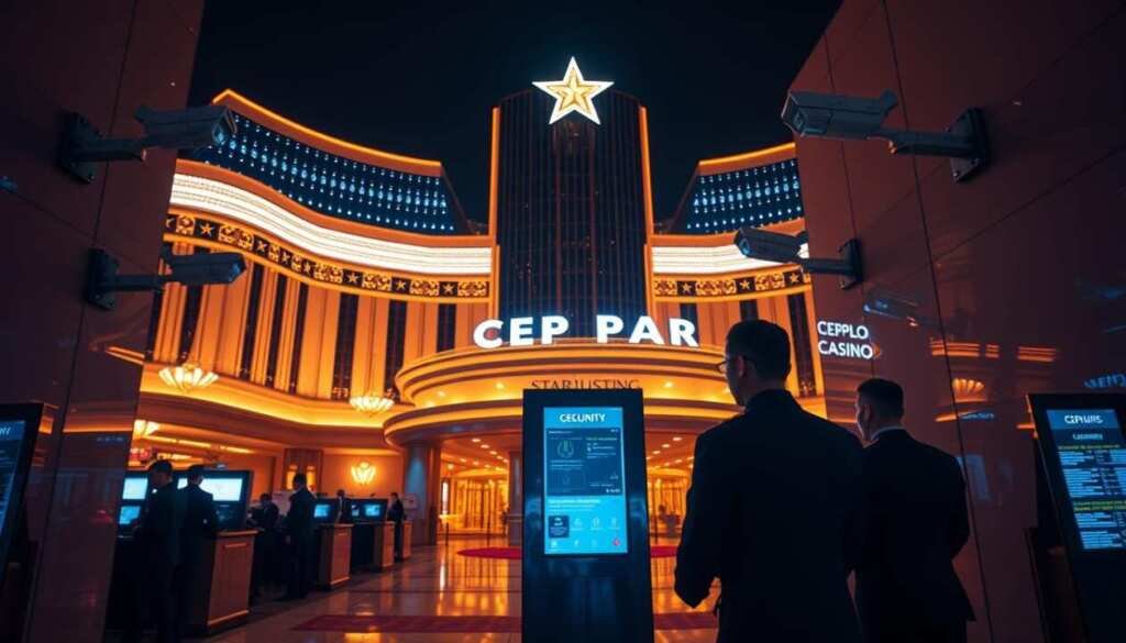 A grand and imposing Cepheus Star Casino looming in the background, its facade adorned with glittering neon lights and sleek architectural details. In the foreground, a well-lit security checkpoint manned by attentive guards, their uniforms crisp and professional. High-definition security cameras mounted on the walls capture every movement, ensuring a safe and secure environment for patrons. The atmosphere is one of sophisticated luxury, with a touch of technological sophistication to safeguard the casino's operations. Warm lighting casts a welcoming glow, while the overall composition conveys a sense of meticulous attention to detail and a commitment to providing a premier gaming experience.