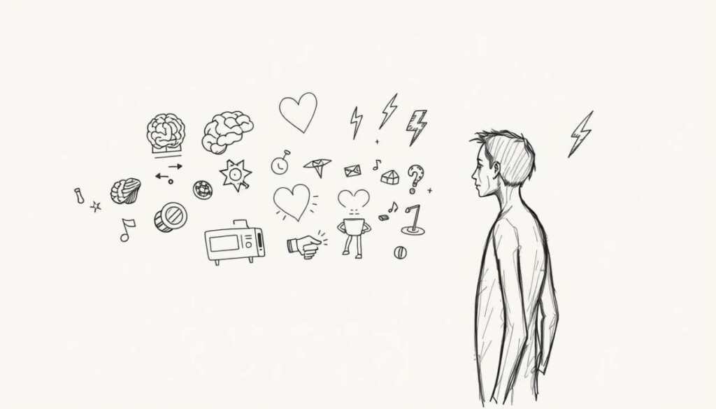 A hand-drawn sketch depicting the key features of "Insexual Awakening". In the foreground, a detailed line-art illustration of a human figure in a thoughtful, introspective pose. Minimal yet expressive shading and textures convey a sense of contemplation. The middle ground features a collection of various symbolic icons and visual metaphors, such as a brain, heart, and lightning bolt, alluding to the cognitive, emotional, and transformative aspects of the subject matter. The background is a soft, muted gradient, allowing the central artwork to take visual prominence. The overall style is raw, organic, and textured, capturing the essence of a genuine hand-drawn aesthetic.