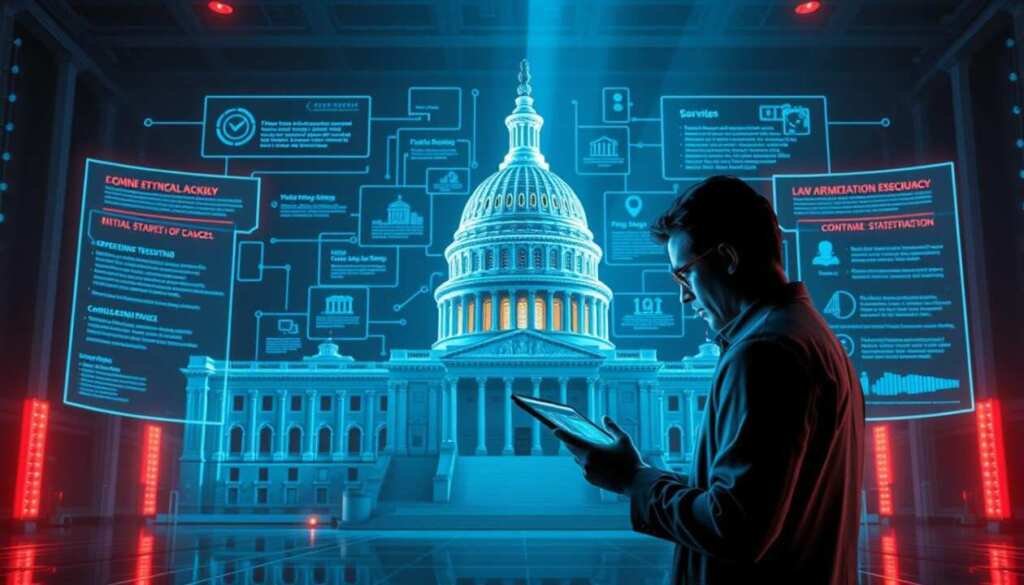 A high-contrast, architectural illustration depicting the laws and regulations governing ethical hacking in the United States. In the foreground, a digital security expert examines a futuristic holographic interface, surrounded by a wireframe model of the U.S. Capitol building. Behind them, a series of cascading data panels showcase key legal statutes and compliance guidelines. The scene is illuminated by cool, directional lighting, creating an atmosphere of technological sophistication and legal authority. The overall composition conveys the intersection of cybersecurity, technology, and the U.S. legislative framework.