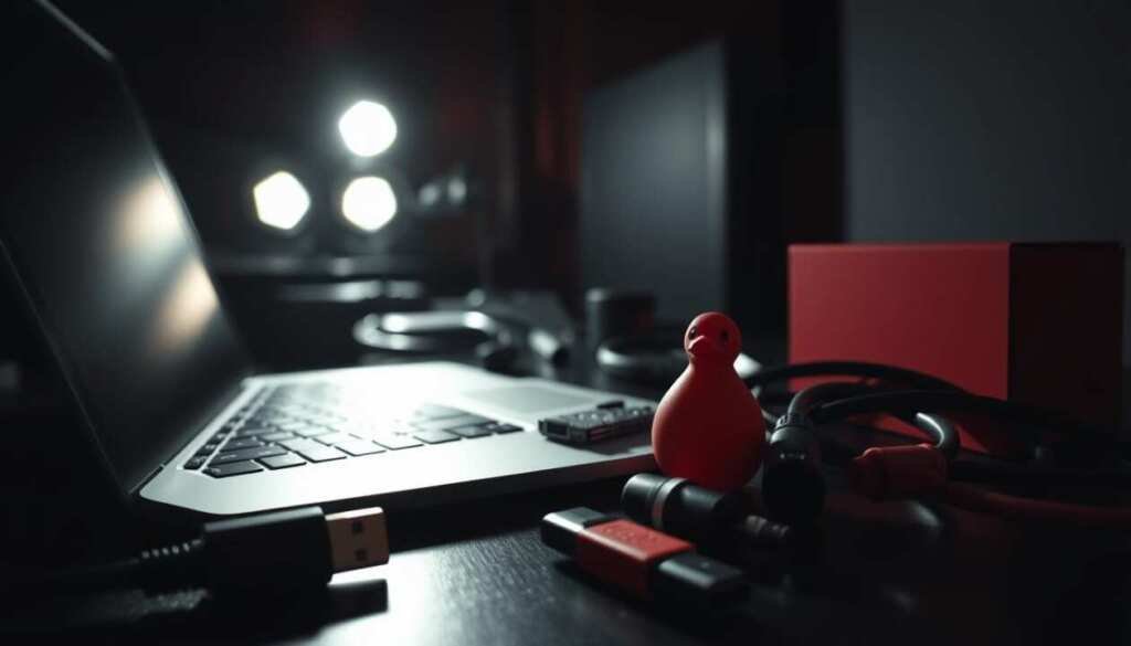 A high-contrast, close-up shot of an assortment of open-source red team tools, including a laptop, a USB rubber ducky, a Raspberry Pi, and various cable connectors, displayed against a dark, moody backdrop with dramatic lighting that casts long shadows, conveying a sense of secrecy and the clandestine nature of these tools used by cybersecurity professionals to simulate real-world attacks.