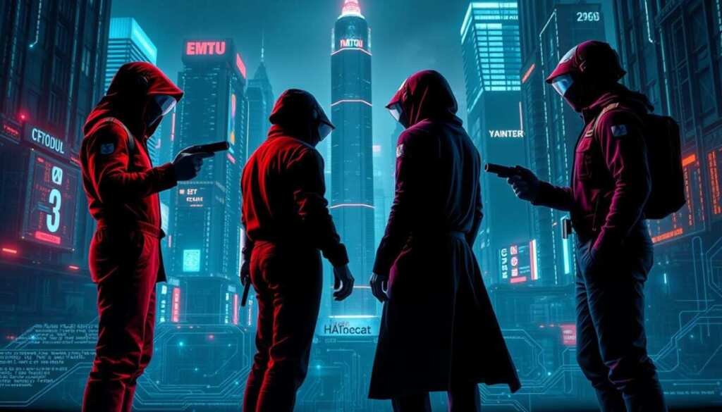 A high-contrast, gritty cyberpunk scene depicting the red team and blue team roles in cybersecurity. In the foreground, two shadowy figures face off, one in a deep red jumpsuit, the other in a dark blue uniform, both wielding futuristic hacking tools. The middle ground shows a complex web of digital infrastructure, with lines of code, glowing circuits, and holographic displays. In the background, a towering cityscape of gleaming skyscrapers, neon signs, and swirling data streams sets the stage for this cat-and-mouse game of cyber offense and defense. Dramatic lighting casts sharp shadows, creating a tense, high-stakes atmosphere. The scene is rendered with a realistic, high-detail style that captures the intensity and complexity of the red team-blue team dynamic.