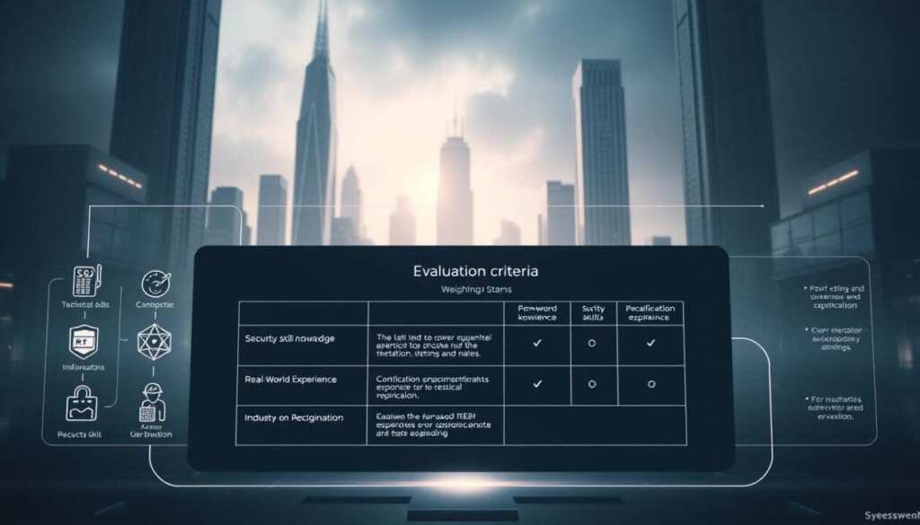 A high-contrast, technical diagram showcasing the evaluation criteria for cybersecurity certifications. The foreground features a series of precisely-drawn icons and symbols representing key assessment factors such as technical skills, security knowledge, real-world experience, and industry recognition. The middle ground depicts a sleek, minimalist grid layout with clean typography outlining the weighting and scoring methodology. The background is a neutral, futuristic cityscape with towering skyscrapers and a moody, shadowy atmosphere, hinting at the high-stakes world of cybersecurity. Rendered in a cool, high-tech color palette with dramatic lighting and crisp, detailed textures to convey a sense of authority and professionalism.