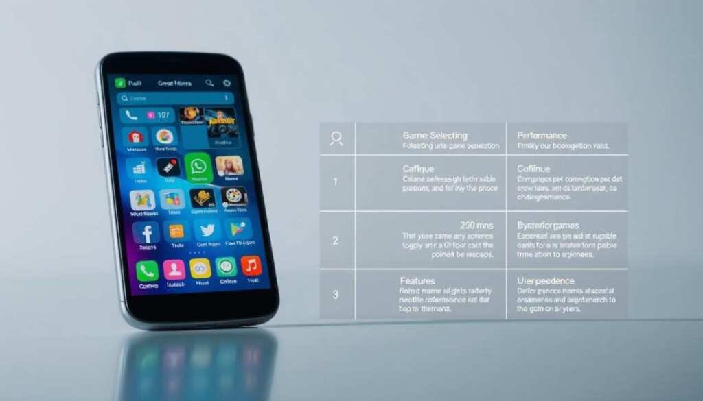 A high-quality, detailed comparison of the features and capabilities of the XTZ Games mobile application, presented in a clean, minimalist style. The foreground shows a sleek smartphone display showcasing the XTZ Games interface, with icons and menus arranged in a visually appealing layout. The middle ground features side-by-side comparisons of key features, such as game selection, performance, and user experience, displayed as clean infographic-style elements. The background is a soft, muted gradient, keeping the focus on the central comparison. Realistic lighting and camera angles create a professional, editorial-style composition suitable for an article illustration.