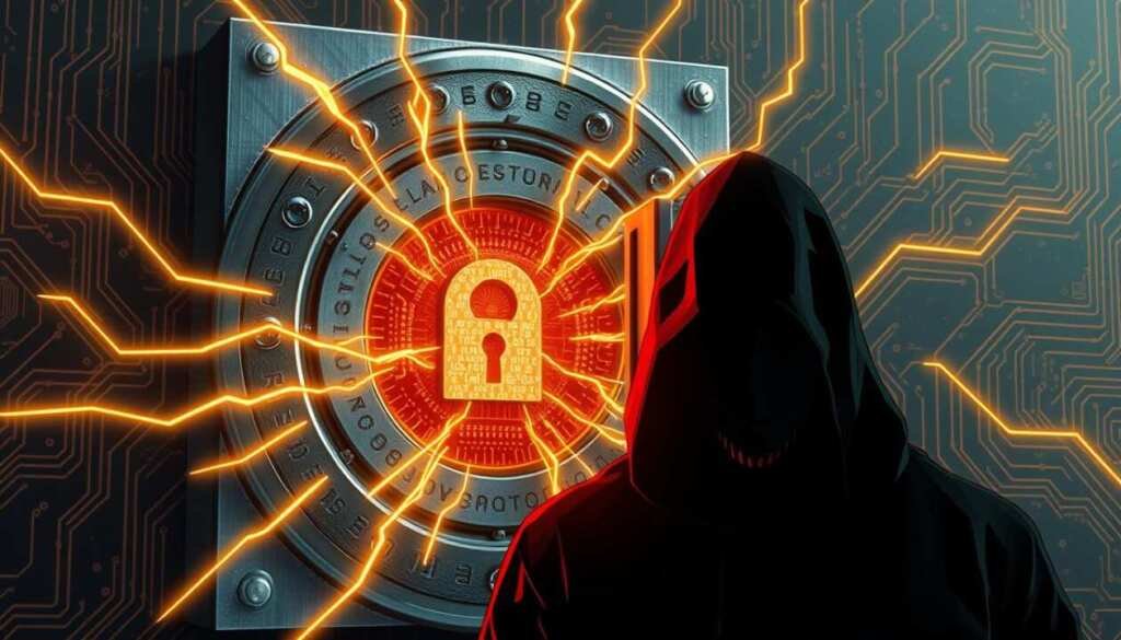 A high-resolution digital illustration depicting a secure data vault shielding user credentials from a malicious hacker. The vault is constructed of impenetrable titanium alloy, its surface etched with intricate cybersecurity patterns. Beams of golden energy crackle around the vault, deflecting the hacker's attempts to breach its defenses. In the foreground, the hacker's shadowy silhouette is shrouded in an ominous crimson glow, their face obscured by a sinister digital mask. The background is a stark, minimalist techscape of gleaming circuits and pulsing data streams, emphasizing the high-stakes digital battleground. The overall tone is one of strength, resilience and the triumph of security over malicious intent.