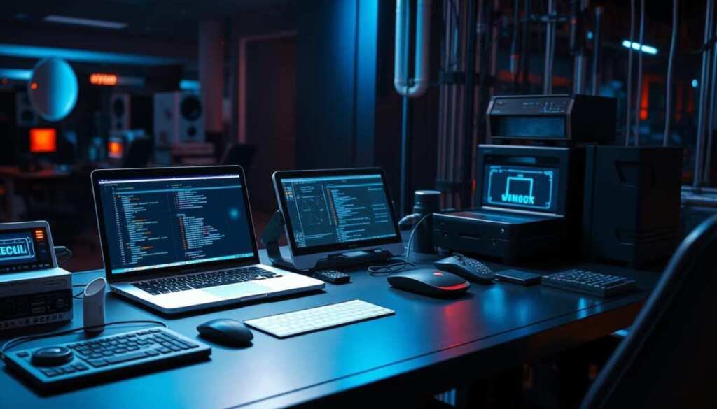A high-tech workstation setup with an array of sleek, futuristic-looking penetration testing tools, including a laptop, tablet, and various digital devices. The tools are arranged in a visually appealing and organized manner, conveying a sense of professionalism and expertise. The scene is illuminated by cool, futuristic lighting, casting dramatic shadows and highlights on the equipment. The overall atmosphere is one of precision, focus, and a commitment to cybersecurity. The image captures the essential tools necessary for conducting a thorough internal network penetration test, reflecting the specialized nature of the task at hand.