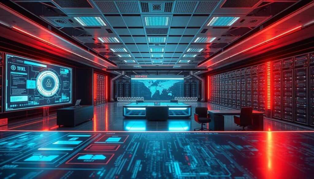 A highly detailed breach and attack simulation platform depicted in a realistic, three-dimensional digital illustration. The foreground showcases an array of holographic displays and interfaces, allowing users to meticulously configure and monitor simulated cyber attacks. The middle ground features a sleek, futuristic control center with ergonomic workstations and advanced networking equipment. In the background, a vast, expansive data center with rows of servers and cybersecurity infrastructure sets the stage for the immersive simulation environment. The lighting is crisp and high-contrast, emphasizing the technological sophistication of the platform. The overall mood is one of cutting-edge innovation, with a sense of immersion and realism that can aid in the preparation for real-world security threats.