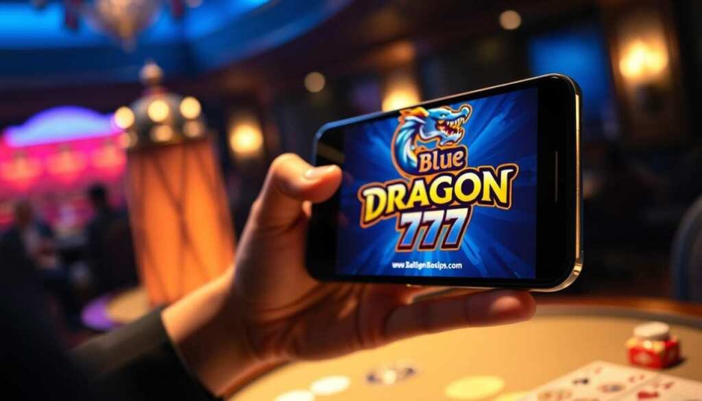 A highly detailed, realistic rendering of the Blue Dragon 777 casino app interface. In the foreground, a close-up view of the app's home screen, showcasing the app's iconic dragon logo, vibrant color scheme, and sleek user interface design. In the middle ground, a partially visible mobile device held in a user's hand, with the app running in full-screen mode. In the background, a dimly lit casino-inspired setting, with subtle hints of luxury and excitement. Lighting is soft and warm, creating a inviting and immersive atmosphere. The overall composition highlights the app's polished, high-quality design and its position as a premium mobile casino experience.