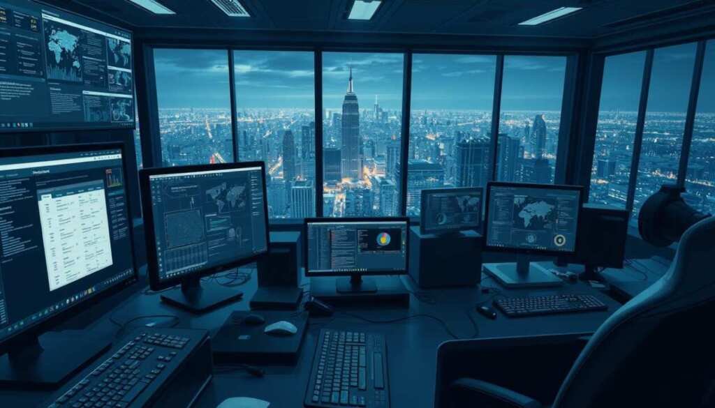 A highly detailed, technical illustration of a SOC analyst's workstation. The foreground features an array of computer monitors, keyboards, and input devices, with a sleek, modern aesthetic. The middle ground showcases various security software interfaces, network diagrams, and data visualization tools. The background depicts a dimly lit, futuristic control room with a sprawling cityscape visible through large windows. Dramatic lighting casts a cool, analytical tone, while intricate details and precise technical elements convey the depth of knowledge and expertise required of a skilled SOC analyst.