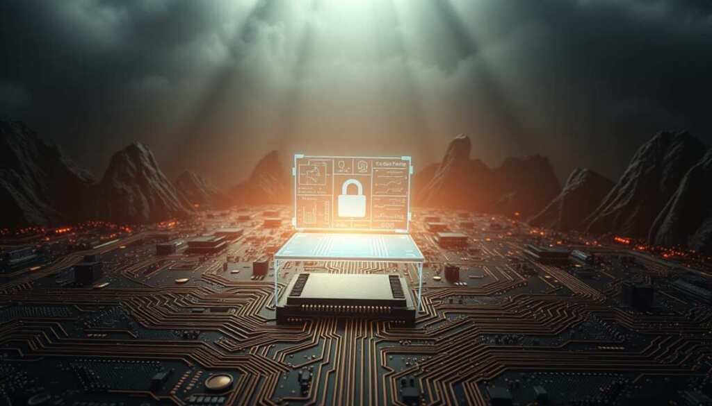 A highly secure, multi-layered digital fortress against insecure deserialization threats. In the foreground, a complex circuit board with intricate pathways and nested security protocols, symbolizing the advanced zero-trust architecture. In the middle ground, a holographic display projecting real-time threat analysis and mitigation strategies, powered by AI-driven anomaly detection. The background features a dark, ominous landscape, with towering firewalls and impenetrable encryption barriers, creating an impregnable defensive perimeter. Dramatic cinematic lighting casts long shadows, heightening the sense of technical sophistication and unwavering protection against malicious data manipulation. A highly secure, multi-layered digital fortress against insecure deserialization threats. In the foreground, a complex circuit board with intricate pathways and nested security protocols, symbolizing the advanced zero-trust architecture. In the middle ground, a holographic display projecting real-time threat analysis and mitigation strategies, powered by AI-driven anomaly detection. The background features a dark, ominous landscape, with towering firewalls and impenetrable encryption barriers, creating an impregnable defensive perimeter. Dramatic cinematic lighting casts long shadows, heightening the sense of technical sophistication and unwavering protection against malicious data manipulation.