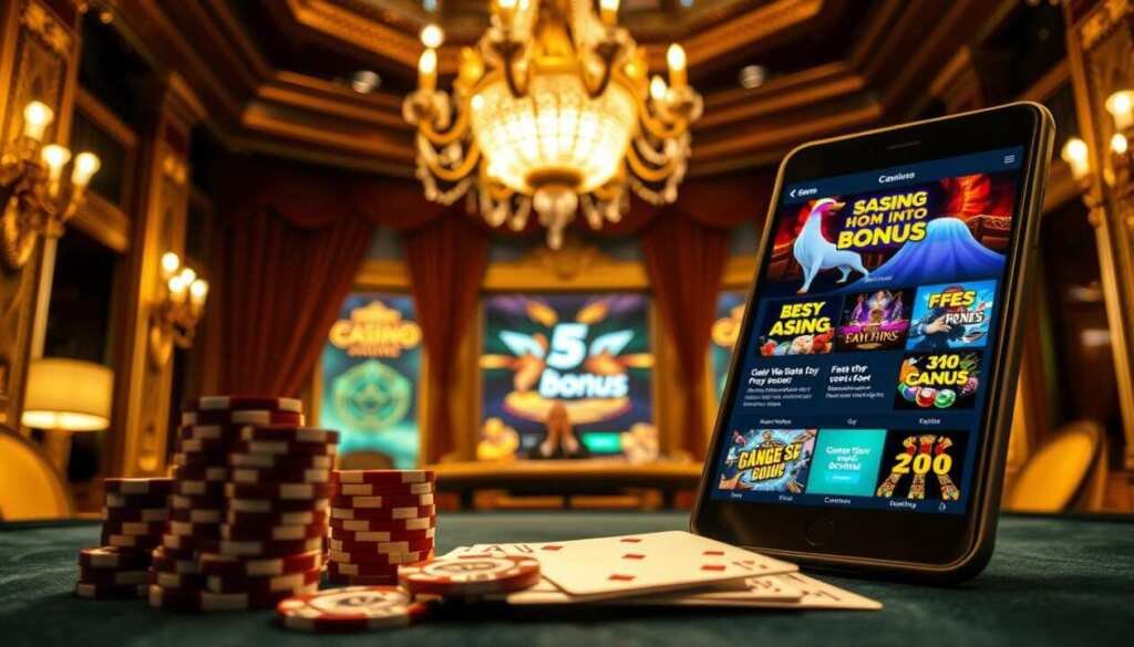 A luxurious casino interior with an ornate chandelier casting a warm glow over the scene. In the foreground, a stack of casino chips, dice, and playing cards arranged artfully. In the middle ground, a tablet or smartphone displaying various casino bonus offers and promotions, with vibrant graphics and enticing text. The background features plush velvet curtains, gilded accents, and a sense of opulence. The overall atmosphere is one of excitement, indulgence, and the promise of potential winnings.