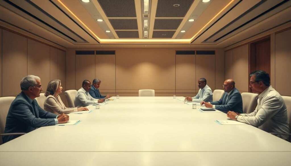 A meticulously designed conference room with a large table, where representatives from prominent CVE numbering authorities are gathered, discussing the standardization and management of CVE identifiers. Soft, warm lighting illuminates the scene, casting a professional and authoritative atmosphere. The room's clean, minimalist aesthetic reflects the organized and systematic nature of the CVE process. The participants are engaged in lively conversation, their expressions conveying the importance of their work in ensuring the integrity and transparency of the global vulnerability database.