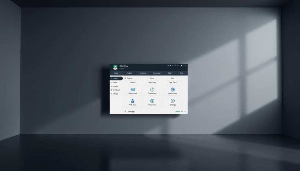 A minimalist and clean user interface for a downloader app, with a sleek dark gray background and a centered window displaying the app's main functions. The window has a simple and intuitive layout, with clear icons and labels for features like download management, file organization, and settings. The lighting is soft and diffused, creating a modern and professional atmosphere. The camera angle is slightly elevated, giving a sense of authority and control over the app's capabilities. The overall design conveys a sense of efficiency and ease of use, perfect for guiding users through the installation process of the iKTV APK on Firestick or Android TV.