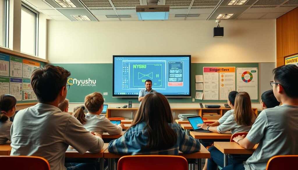 A modern, educational classroom setting with a focus on the Nyushu emulator displayed on a large projection screen. In the foreground, students are actively engaged, using Nyushu to explore retro gaming and its technical aspects. The middle ground features the teacher, guiding the lesson and demonstrating the emulator's features. The background showcases educational posters and learning materials, creating an atmosphere of knowledge and exploration. Warm, soft lighting illuminates the scene, highlighting the collaborative, hands-on learning experience.