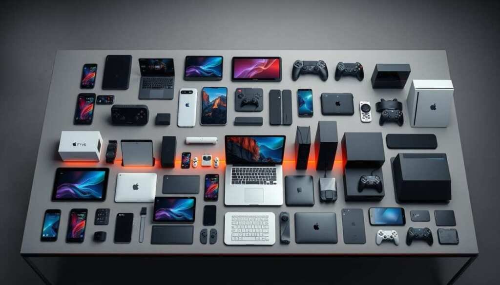 A neatly arranged display of compatible devices, showcasing a diverse array of smartphones, tablets, laptops, and gaming consoles. The devices are displayed on a sleek, modern table with a muted gray background, allowing the products to take center stage. Warm, directional lighting illuminates the devices, creating a sense of depth and highlighting their features. The composition is balanced, with each device positioned to create a harmonious flow across the frame. The overall aesthetic conveys a sense of technical proficiency, reliability, and attention to detail, perfectly suited for the "Compatibility and System Requirements" section of the "River Monster APK 2025" article.