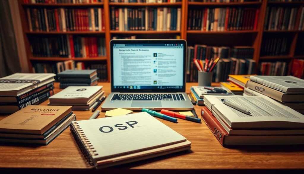 A neatly organized study space with a laptop, books, notepads, and various OSCP-related materials. The desk is bathed in warm, soft lighting, creating a focused, productive atmosphere. In the foreground, a stack of textbooks and a notebook with "OSCP" written on the cover. In the middle ground, a laptop open to an online study resource, surrounded by highlighters, pens, and sticky notes. The background features a bookshelf filled with cybersecurity and hacking-related books, creating a sense of depth and immersion in the subject matter. The overall scene conveys a dedicated, studious environment conducive to OSCP preparation.