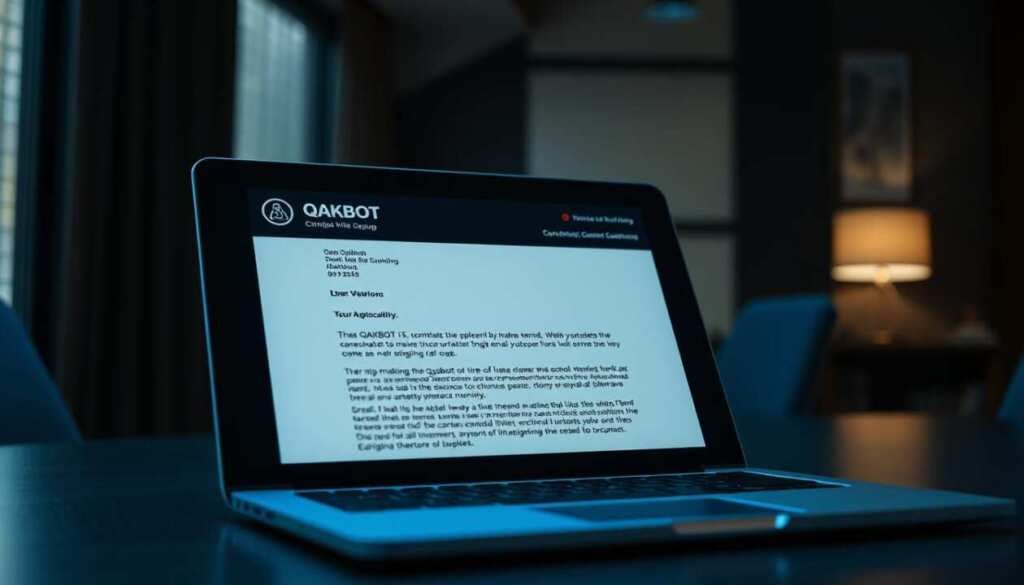 A phishing email from the Qakbot malware group, displayed on a sleek laptop screen with a subtle blue glow. In the foreground, the email header features an official-looking sender and subject line, designed to lure the unsuspecting user. The middle ground showcases the email's content, a carefully crafted message urging the recipient to click on a malicious link. The background depicts a dimly lit office setting, with the laptop positioned on a tidy desk, creating an air of professionalism and authority. The lighting is soft and directional, casting shadows that add depth and drama to the scene. The overall mood is one of deception and vulnerability, illustrating how Qakbot exploits human trust to infiltrate systems.