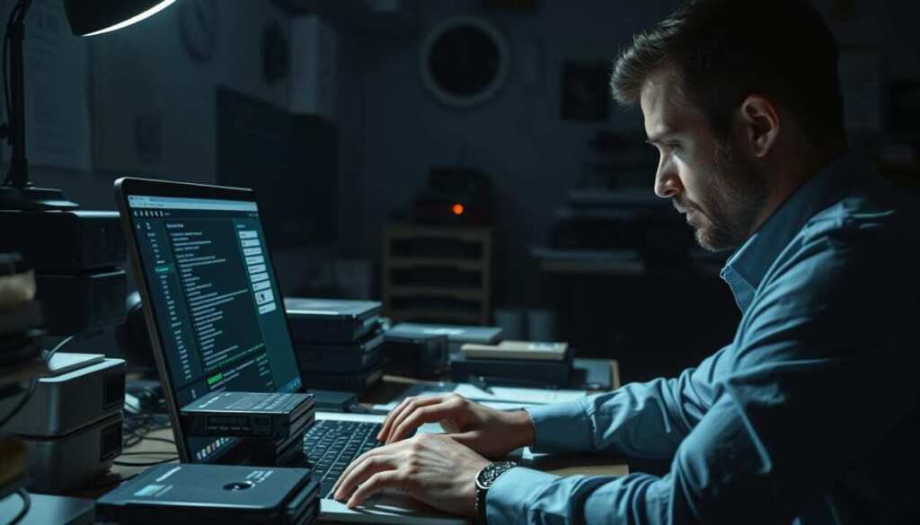 A ransomware recovery process unfolds in a dimly lit office. In the foreground, a determined professional examines a laptop screen, carefully navigating through software interfaces to regain access to encrypted files. The middle ground reveals stacks of external hard drives and backup devices, signifying the meticulous data restoration efforts underway. In the background, the workspace is cluttered with various cybersecurity tools and reference materials, conveying the technical complexity of the recovery process. Soft, moody lighting casts dramatic shadows, creating an atmosphere of focus and determination as the business strives to overcome the ransomware threat and resume normal operations.
