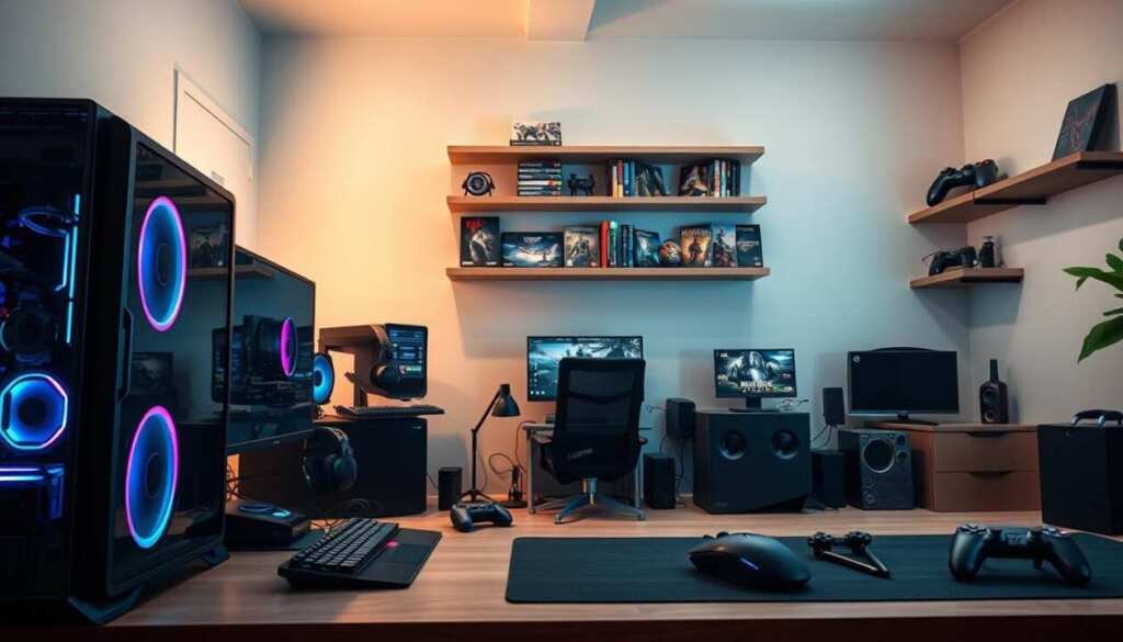 A realistic, detailed image of a modern gaming setup displaying system requirements. The foreground shows a sleek, high-end gaming desktop computer with RGB lighting, multiple monitor displays, and a stylized gaming mouse and keyboard. The middle ground features various gaming console controllers, headphones, and other peripherals neatly arranged. The background depicts a clean, minimalist office or workspace with floating shelves displaying video game titles and collectibles. The lighting is soft and diffused, creating a warm, inviting atmosphere. The overall scene conveys a sense of technological sophistication and a passion for gaming.