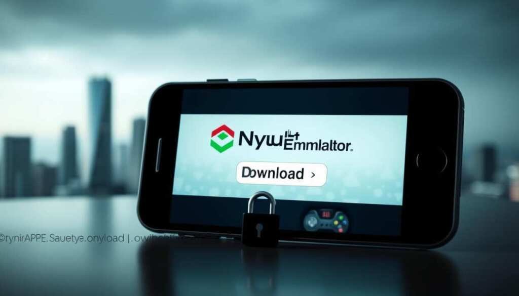 A secure Android app download process featuring a mobile device displaying the Nyushu Emulator logo, with a prominent "Download" button in the center. In the foreground, a padlock icon symbolizes the secure connection. The background is a blurred city skyline, conveying a sense of technology and progress. Soft lighting creates a professional, trustworthy atmosphere, while the composition emphasizes the central download action. The overall scene should instill confidence in the user that the Nyushu Emulator APK can be safely downloaded.