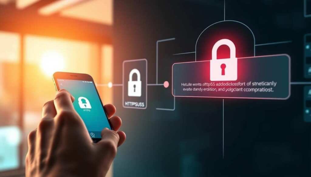 A secure Android app download process unfolds, captured in a high-resolution, photorealistic illustration. In the foreground, a user's hand taps on a smartphone screen, navigating through a mobile app store's interface. The middle ground showcases a secure HTTPS connection, with a padlock icon signifying the encrypted data transfer. In the background, a server silhouette and a series of authorization steps hint at the secure verification and installation process. The scene is bathed in a warm, soft lighting, conveying a sense of trust and reliability. The overall composition reflects the need for a careful, well-informed approach to downloading mobile applications.