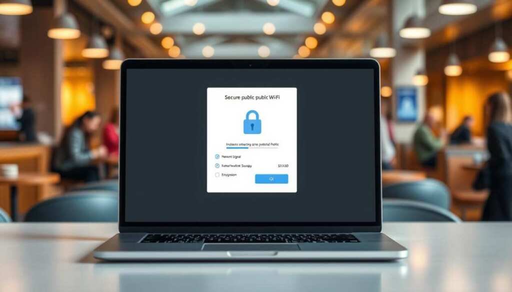 A secure public Wi-Fi connection verification interface. A laptop screen displays a sleek, modern security verification window with padlock icons, network signal strength bars, and encryption status indicators. The laptop is positioned on a minimalist desk, with a blurred background of a bustling coffee shop or airport lounge, conveying a sense of public setting. Warm, soft lighting illuminates the scene, creating a calming, trustworthy atmosphere. The overall composition emphasizes the importance of verifying the security of public Wi-Fi connections to protect sensitive data and personal information. A secure public Wi-Fi connection verification interface. A laptop screen displays a sleek, modern security verification window with padlock icons, network signal strength bars, and encryption status indicators. The laptop is positioned on a minimalist desk, with a blurred background of a bustling coffee shop or airport lounge, conveying a sense of public setting. Warm, soft lighting illuminates the scene, creating a calming, trustworthy atmosphere. The overall composition emphasizes the importance of verifying the security of public Wi-Fi connections to protect sensitive data and personal information.