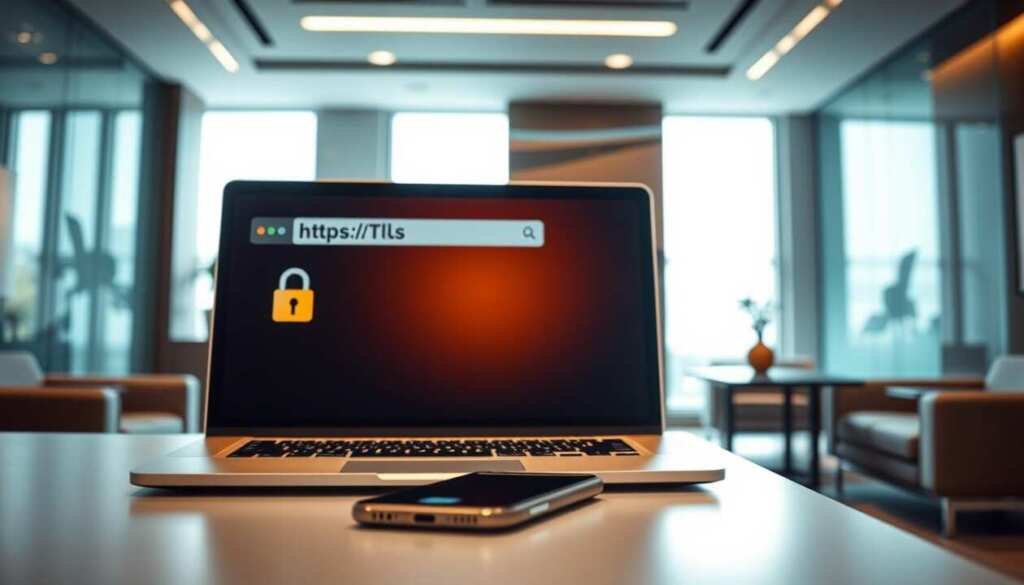 A serene and modern banking interior, bathed in soft, warm lighting. In the foreground, a laptop screen displays a secure online transaction, the URL showing "https://" and a padlock icon, signifying the use of TLS encryption. In the middle ground, a smartphone rests on the desk, its screen mirroring the secure transaction. The background features sleek, minimalist furniture and decor, conveying a sense of professionalism and trust. The overall atmosphere is one of safety, reliability, and technological sophistication, perfectly capturing the importance of TLS in e-commerce and banking. A serene and modern banking interior, bathed in soft, warm lighting. In the foreground, a laptop screen displays a secure online transaction, the URL showing "https://" and a padlock icon, signifying the use of TLS encryption. In the middle ground, a smartphone rests on the desk, its screen mirroring the secure transaction. The background features sleek, minimalist furniture and decor, conveying a sense of professionalism and trust. The overall atmosphere is one of safety, reliability, and technological sophistication, perfectly capturing the importance of TLS in e-commerce and banking.