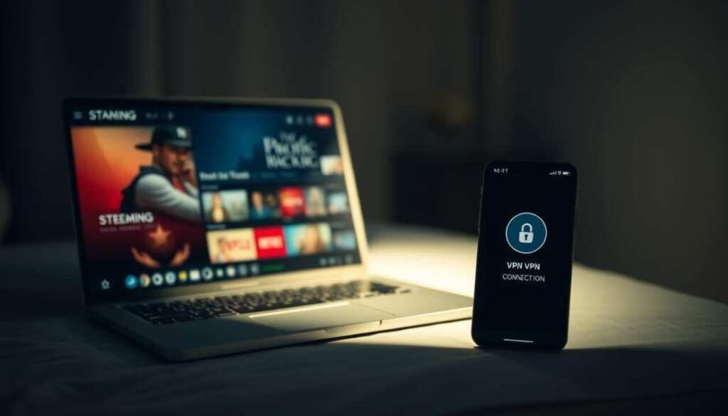 A serene, dimly lit room with a laptop, smartphone, and VPN connection icon prominently displayed. The laptop screen shows a streaming service, while the smartphone displays a VPN app interface. Soft, diffused lighting creates a cozy, secure atmosphere, with subtle shadows and highlights accentuating the devices. The background is slightly blurred, with a sense of depth and minimalism, focusing the viewer's attention on the essential tools for secure streaming. The overall mood conveys a feeling of privacy, control, and digital safety.