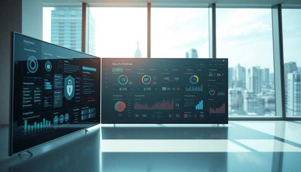 A sleek and minimalist security tools dashboard presented in a well-lit, clean and modern interior. The foreground showcases a sophisticated array of security applications with intuitive interfaces and vivid data visualizations. The middle ground features a central dashboard displaying real-time threat monitoring, system status, and security alerts. The background depicts a panoramic cityscape visible through large windows, conveying a sense of urban security and digital vigilance. Balanced lighting accentuates the dashboard's elegant design, while the overall composition projects an air of professionalism, functionality and technological prowess.