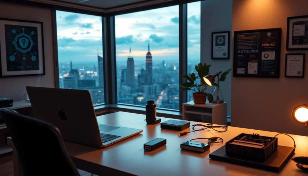 A sleek and modern home office setup, bathed in a soft, warm glow from carefully positioned lighting. On the desk, a laptop and various cybersecurity tools, including a secure USB drive, a compact network analyzer, and a disassembled hardware device. The walls are adorned with framed cybersecurity-themed artwork and certifications, conveying a sense of expertise and professionalism. Large windows provide a panoramic view of a futuristic cityscape, hinting at the interconnected, digital world that the cybersecurity professional navigates. The overall atmosphere exudes a balance of focus, innovation, and a passion for the field.