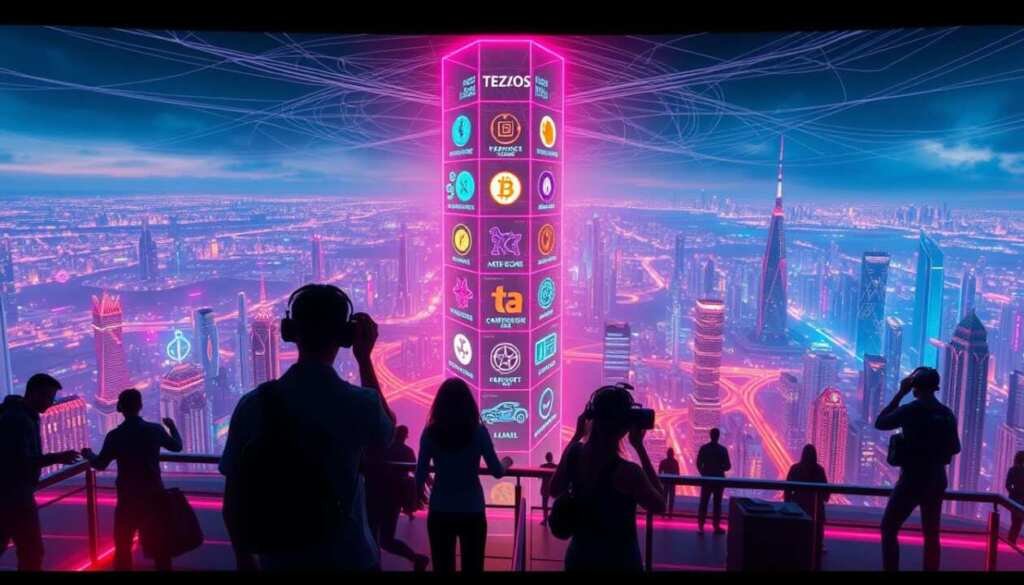 A sleek, futuristic blockchain gaming platform set against a vibrant, neon-lit cityscape. In the foreground, a group of players immersed in a cutting-edge virtual reality game, their movements fluid and precise. The middle ground features a towering, holographic display showcasing the platform's suite of decentralized applications, each with its own distinct visual flair. In the background, a sprawling metropolis stretches out, its skyscrapers and infrastructure intertwined with the intricate web of the Tezos blockchain. The scene is bathed in a warm, ambient glow, creating a sense of technological wonder and innovation.