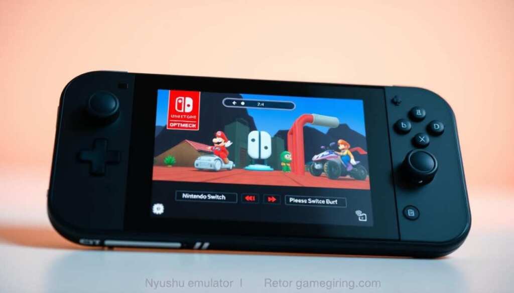 A sleek, modern Android device displaying the Nyushu emulator running Nintendo Switch games in crisp, vibrant detail. The emulator's user interface is prominently featured, showcasing its intuitive controls and seamless gameplay. The device is set against a minimalist, light-toned background, allowing the emulator's performance to take center stage. Soft, diffused lighting casts a warm glow, highlighting the device's elegant design. The overall scene conveys the power and convenience of the Nyushu emulator, capturing the essence of retro gaming on Android devices.