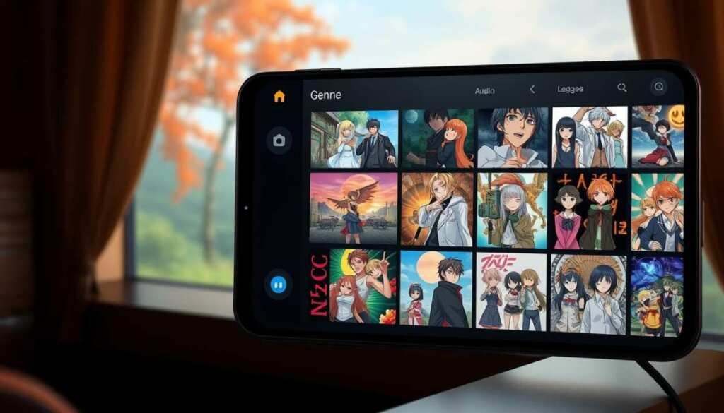 A sleek, modern home screen interface for the BeeAnime streaming app, featuring a vibrant array of anime genre tiles displayed in a grid layout. The interface is bathed in a warm, ambient lighting, with a soft, bokeh-blurred background hinting at lush, painted landscapes. The tiles themselves are detailed and captivating, each showcasing a distinct anime art style and characters. The overall design is clean, intuitive, and inviting, drawing the user deeper into the world of BeeAnime's expansive content library. The interface conveys a sense of exploration and discovery, perfectly aligning with the "Navigating BeeAnime's Features" section of the article.