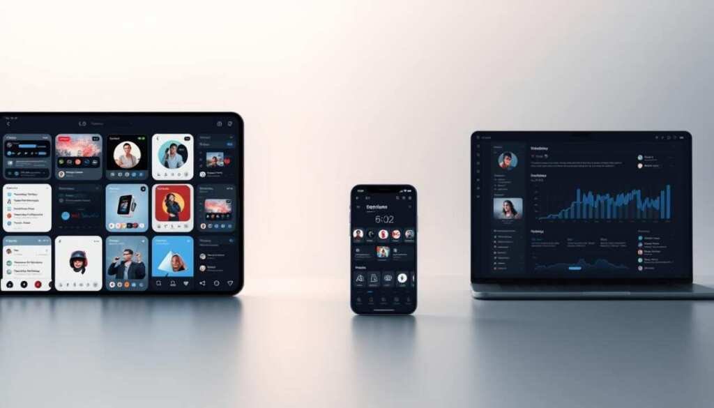 A sleek, modern user interface design with a clean, minimalist aesthetic. In the foreground, a responsive grid layout showcases various app screens, each with a distinct yet cohesive visual style. The middle ground features a seamless transition between mobile and desktop experiences, highlighting the versatility of the interface. In the background, a subtle gradient adds depth and a sense of sophistication, while soft, directional lighting emphasizes the user-centric design. The overall mood is one of efficiency, intuition, and a touch of elegance, capturing the essence of a delightful digital experience.