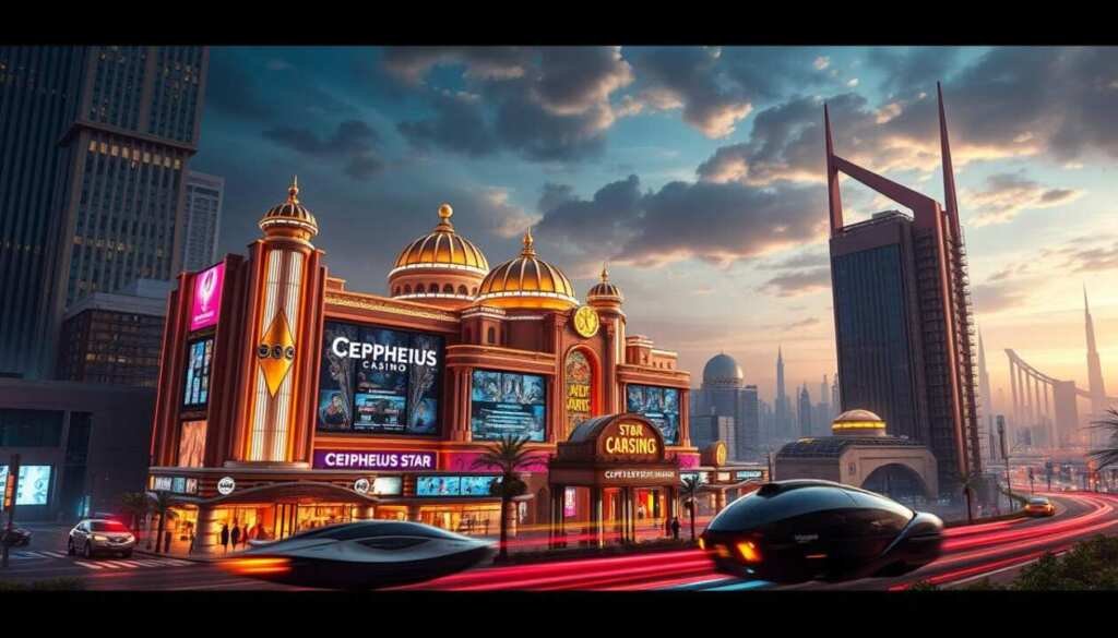 A sprawling Cepheus Star Casino nestled in a futuristic cityscape, its neon-lit facade reflecting off the sleek skyscrapers surrounding it. The building's striking architectural design features cascading LED screens, towering domes, and ornate columns that exude an air of opulence and grandeur. Hovercrafts and autonomous vehicles zip by in the foreground, while in the background, a stunning vista of towering spires and glistening domes dominates the skyline. Dramatic lighting casts dramatic shadows, creating a sense of depth and drama. The entire scene is bathed in a warm, inviting glow, radiating an atmosphere of excitement and anticipation for the casino's many gaming and entertainment options within.