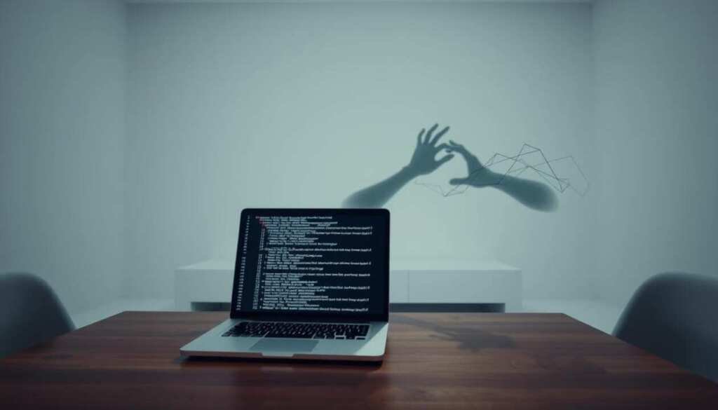 A stark white room with sleek, minimalist furnishings. In the foreground, a laptop sits on a polished wooden table, its screen glowing with a complex array of code. Ghostly hands emerge from the shadows, desperately trying to secure the digital threads, symbolizing the battle against insecure deserialization. Soft, indirect lighting casts long shadows, creating a sense of unease and vulnerability. The background is a serene, almost clinical space, devoid of distractions, emphasizing the importance of this critical cybersecurity challenge. The overall atmosphere is one of precision, focus, and the high stakes involved in protecting systems from this insidious threat. A stark white room with sleek, minimalist furnishings. In the foreground, a laptop sits on a polished wooden table, its screen glowing with a complex array of code. Ghostly hands emerge from the shadows, desperately trying to secure the digital threads, symbolizing the battle against insecure deserialization. Soft, indirect lighting casts long shadows, creating a sense of unease and vulnerability. The background is a serene, almost clinical space, devoid of distractions, emphasizing the importance of this critical cybersecurity challenge. The overall atmosphere is one of precision, focus, and the high stakes involved in protecting systems from this insidious threat.