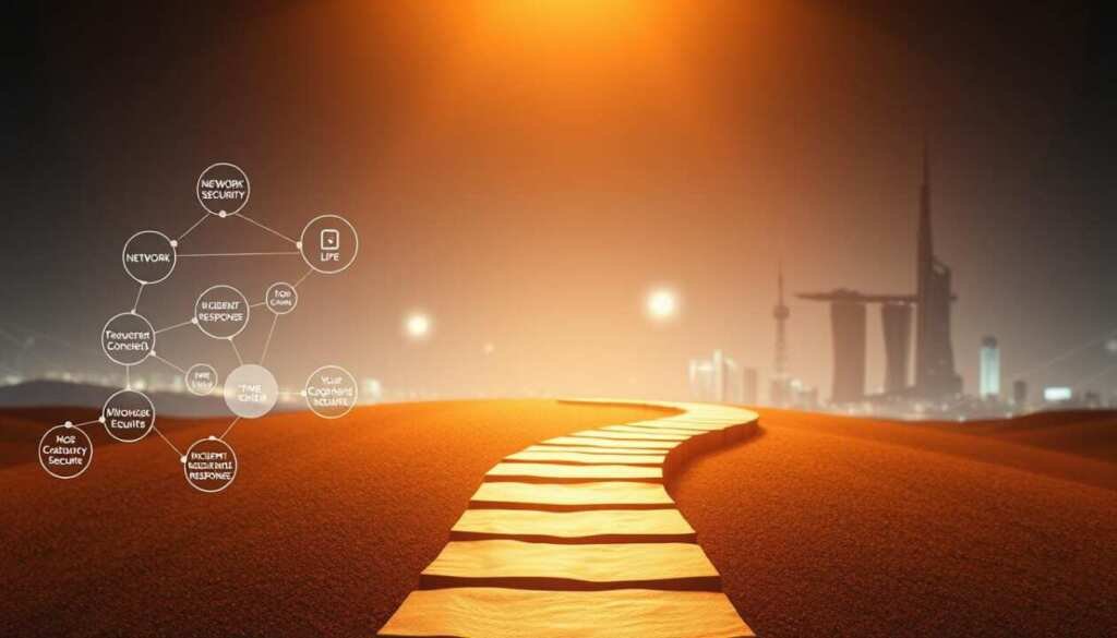 A structured cybersecurity learning path, illuminated by a soft, diffused light that casts a warm, inviting glow. In the foreground, a series of interconnected nodes represent fundamental cybersecurity concepts, such as network security, cryptography, and incident response. These nodes are arranged in a clear, hierarchical structure, guiding the viewer through a logical progression of knowledge. In the middle ground, a winding path of stepping stones leads the eye deeper into the image, symbolizing the journey of cybersecurity education. The background features a muted, futuristic cityscape, hinting at the real-world applications and importance of the skills being learned. The overall composition conveys a sense of order, direction, and the rewarding challenge of mastering the field of cybersecurity.