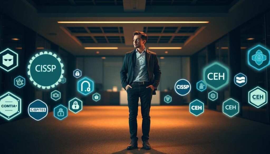 A stylish young professional standing at a crossroads, surrounded by floating cybersecurity certification icons. The foreground features an assortment of certifications like CISSP, CompTIA Security+, and CEH, each glowing with a distinct aura. The middle ground showcases the individual contemplating their options, wearing a smart casual outfit and looking thoughtful. The background is a dimly lit, modern office setting, creating a sense of contemplation and decision-making. Soft, warm lighting illuminates the scene, and the camera angle is slightly elevated to convey a sense of perspective and choice. The overall mood is one of focus, deliberation, and the importance of selecting the right cybersecurity certification to advance one's career.