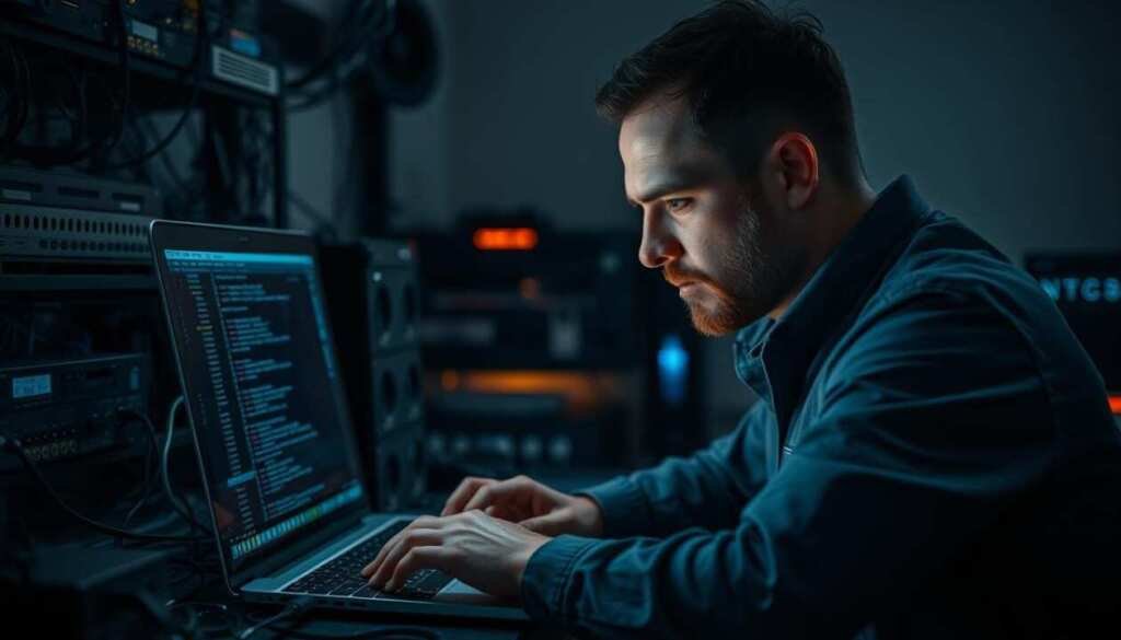A technician troubleshooting a streaming device, intently focused on a laptop screen, surrounded by various cables, adapters, and a complex network of devices. The room is dimly lit, creating a pensive atmosphere, with soft, warm lighting illuminating the scene. The technician's brow is furrowed in concentration, their fingers deftly navigating the laptop's interface, as they investigate the root cause of the streaming issues. The background is blurred, emphasizing the technician's dedication to resolving the problem at hand.