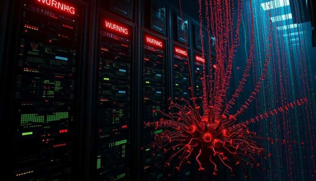 A vast, dark computer mainframe filled with glowing circuitry. In the foreground, a cluster of malicious code entities swarm and proliferate, their tendrils burrowing into the digital infrastructure. Pulsing red warning lights flicker, casting an ominous glow. Streamers of data corruption radiate outward, corrupting the pristine systems. The whole scene is bathed in an eerie, foreboding atmosphere, conveying the insidious, invasive nature of a computer virus infection process. Captured with a wide-angle lens to emphasize the scale and severity of the threat.
