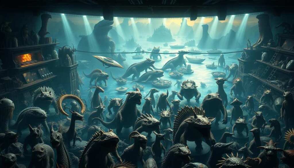 A vast, immersive game library filled with the iconic River Monster 777 characters and assets. In the foreground, a detailed display of the game's diverse creature designs, each with a unique silhouette and textural details. The middle ground showcases the game's diverse level designs, from serene underwater environments to treacherous rapids. In the background, a panoramic view of the game's world, with striking lighting effects casting a mystical glow across the scene. The overall atmosphere evokes a sense of adventure, wonder, and the thrill of exploring the depths of the River Monster 777 gaming universe.
