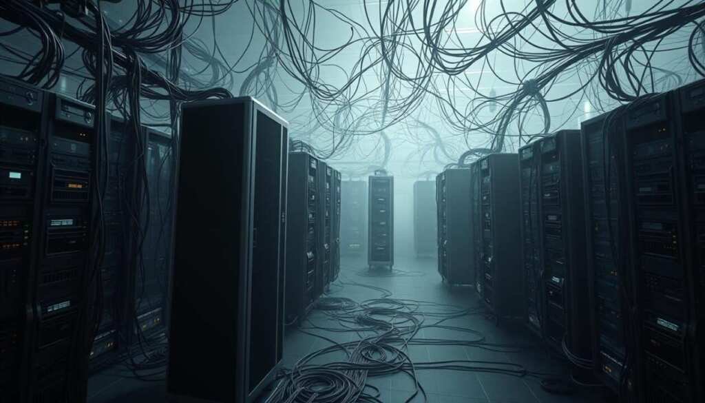 A vast network of interconnected servers, each a node in a complex, shadowy infrastructure. In the foreground, a command-and-control server stands tall, its sleek metallic chassis and glowing indicator lights conveying a sense of power and authority. Surrounding it, a web of communication lines and data streams, pulsing with the ebb and flow of illicit instructions, creating an intricate tapestry of digital control. The background is shrouded in a haze of uncertainty, hinting at the hidden depths of this Qakbot malware's reach, its tendrils extending unseen to systems across the globe. The lighting is stark and ominous, casting deep shadows that obscure the true scale and scope of this nefarious network.