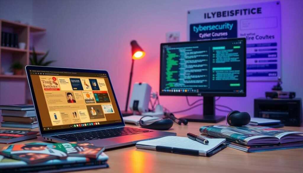 A vibrant and inviting desktop workspace showcasing a variety of cybersecurity learning resources. In the foreground, an open laptop displays interactive tutorials and online courses, its screen bathed in a soft, warm glow. Beside it, a stack of technical books and magazines, their covers featuring bold graphics and intriguing titles. In the middle ground, a sleek, modern desktop computer with lines of code scrolling across its monitor, surrounded by a tidy arrangement of notes, pens, and a pair of headphones. The background is a clean, minimalist workspace, with a large, inspirational poster on the wall highlighting key cybersecurity concepts and best practices. The overall scene conveys a sense of focus, learning, and the pursuit of knowledge in the field of cybersecurity.