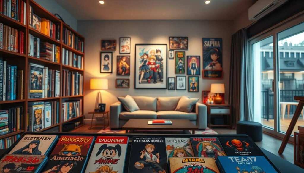 A vibrant anime content library, filled with a diverse array of genres and characters. In the foreground, a sleek and modern media console displays a selection of popular anime titles, their covers beckoning viewers to dive into their captivating stories. The middle ground features a cozy, minimalist living space, with soft lighting and comfortable seating, creating an inviting atmosphere for binge-watching sessions. In the background, a wall-mounted display showcases a curated collection of anime-inspired artwork, adding a touch of personalization and flair to the scene. The overall composition conveys a sense of immersion, where the viewer is transported into the heart of an anime enthusiast's sanctuary, ready to explore the boundless possibilities of this captivating medium.