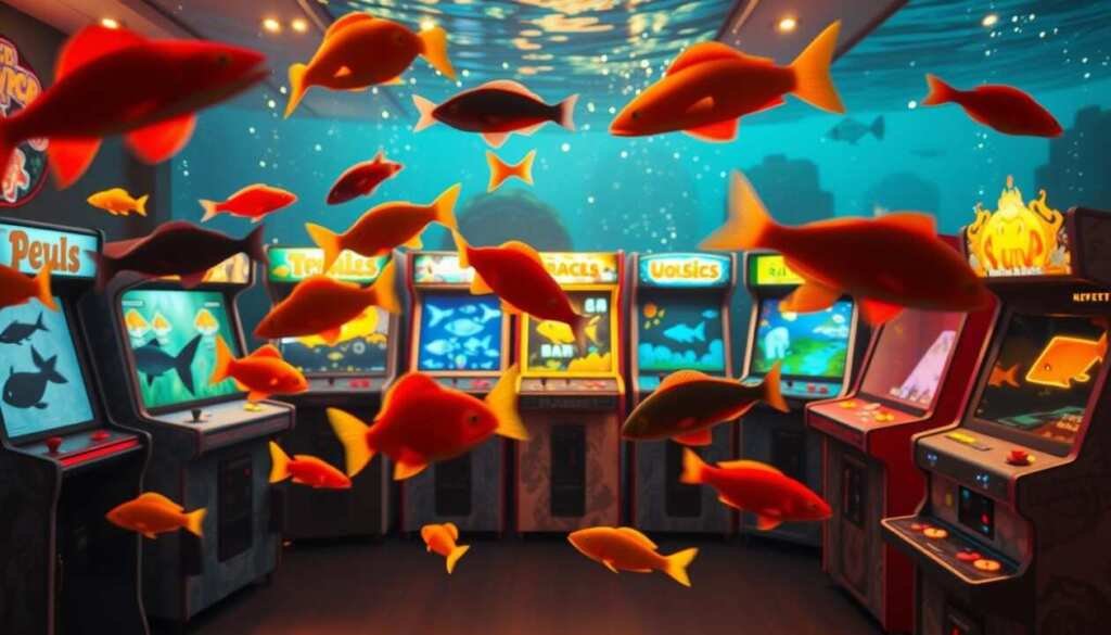 A vibrant collection of classic fish-themed arcade games, meticulously rendered in a warm, inviting light. In the foreground, a variety of colorful fish silhouettes dance across the screen, their movements captured in a dynamic, arcade-style aesthetic. The middle ground features a selection of game cabinets, each with a distinct fish motif, from retro pixel art to more contemporary, 3D-styled designs. The background showcases a serene, underwater-inspired environment, with shimmering lights and a subtle depth of field, creating a captivating and immersive gaming experience.