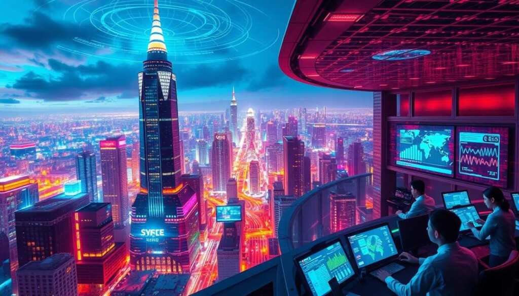 A vibrant, futuristic cityscape with a towering cybersecurity command center at its heart. Glowing neon grids and holographic data streams weave through the urban landscape, reflecting the dynamic growth and evolution of the cybersecurity industry. In the foreground, a diverse team of analysts and specialists collaborate at interactive workstations, their faces illuminated by screens displaying complex threat visualizations. Above, a panoramic view reveals the breadth of the cybersecurity field, with security protocols and threat mitigation systems radiating outward like a protective force field. The scene conveys the urgency, innovation, and limitless career potential of the cybersecurity profession.