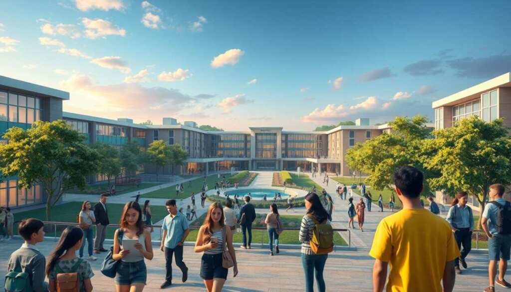 A vibrant, photorealistic scene of a student life simulation game. In the foreground, a group of students engaged in various activities like attending classes, socializing, and participating in extracurricular events. The middle ground features a detailed campus environment with modern buildings, lush greenery, and bustling walkways. In the background, a serene sky with soft lighting casts a warm glow over the scene, creating a sense of calm and productivity. The overall atmosphere conveys the immersive experience of a comprehensive student life simulation, capturing the essence of a university setting.