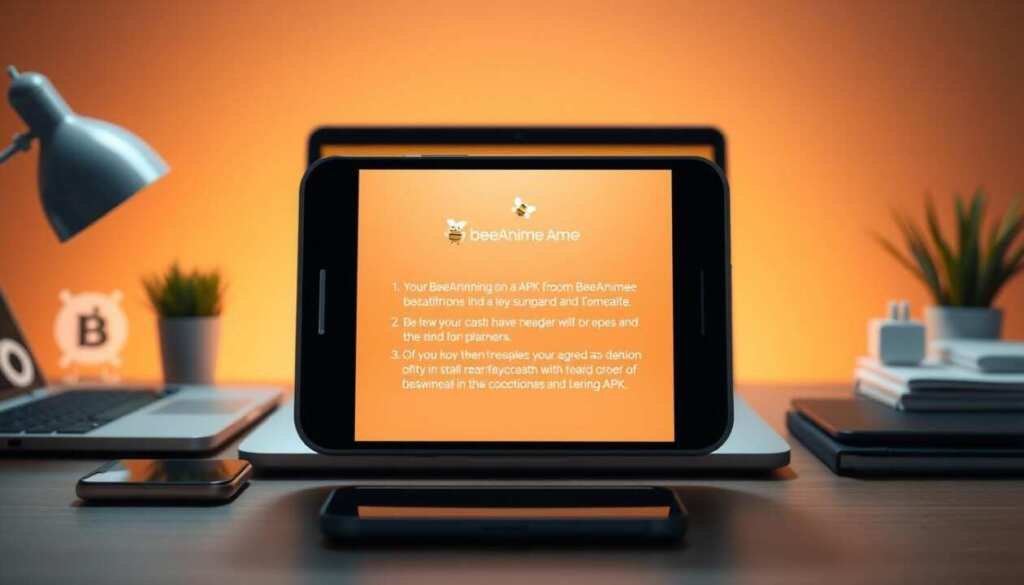 A well-lit, clean and organized desk with a laptop, smartphone, and various digital device icons. In the center, a 3D rendered illustration of a smartphone screen displaying step-by-step instructions for downloading and installing the BeeAnime APK. The background is a soft, blurred gradient of warm and inviting colors, creating a professional and informative atmosphere. The scene is captured from a slightly elevated angle, giving a sense of authority and guidance. Subtle shadows and highlights add depth and dimension to the composition.