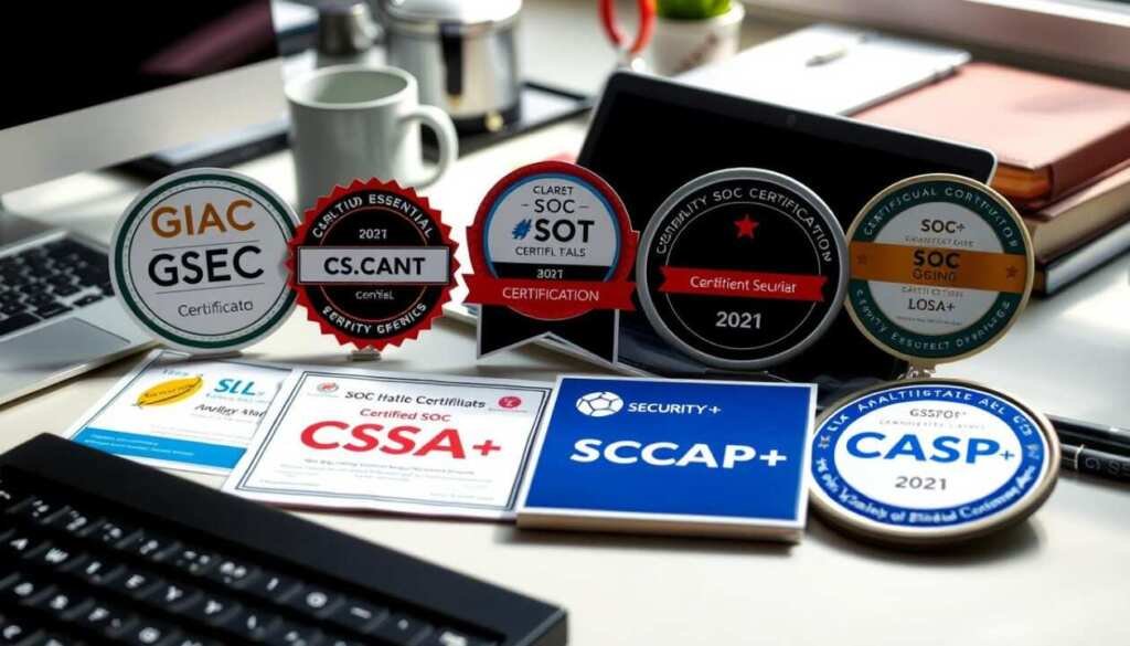 A well-lit desktop scene showcasing an array of SOC analyst certification badges and logos, including GIAC Security Essentials Certification (GSEC), Certified SOC Analyst (CSA), CompTIA Security+, and CASP+. The certificates are arranged neatly, with a laptop, coffee mug, and other office accessories in the background, creating a professional and organized atmosphere. The lighting is soft and directional, casting subtle shadows and highlighting the certifications. The overall composition conveys the importance and value of these certifications for a successful SOC analyst career.