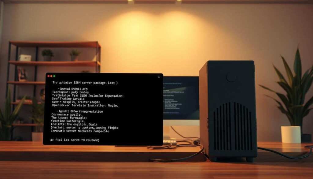 A well-lit, detailed rendering of an Ubuntu server installation process focusing on the SSH server setup. In the foreground, a terminal window displays the installation commands for the OpenSSH server package. In the middle ground, a server tower stands on a desk, with cables neatly routed and a monitor displaying system information. The background features a minimalist office setting with shelves, potted plants, and warm, indirect lighting, conveying a sense of professionalism and productivity. The overall mood is one of technical precision and expertise, suitable for illustrating a step-by-step guide on securing an Ubuntu server with SSH.