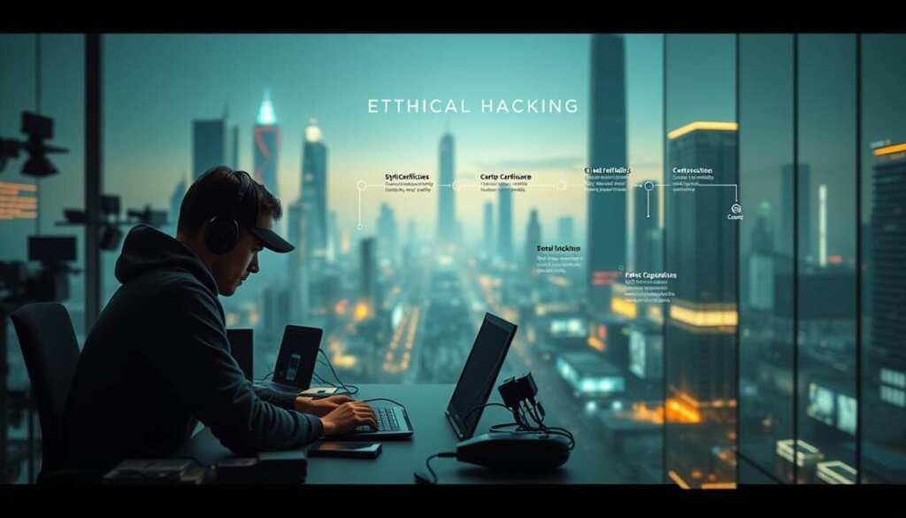 A well-lit, high-resolution image of an ethical hacking career path. In the foreground, a person sitting at a desk, intently focused on a laptop screen, surrounded by various cybersecurity tools and equipment. The middle ground features a roadmap or flowchart illustrating the key steps and milestones on the path to becoming an ethical hacker, such as obtaining certifications, gaining practical experience, and networking with industry professionals. The background showcases a futuristic, technology-driven landscape with sleek, modern buildings and glowing digital interfaces. The overall mood is one of ambition, determination, and a sense of purpose in the pursuit of a fulfilling career in the field of ethical hacking.